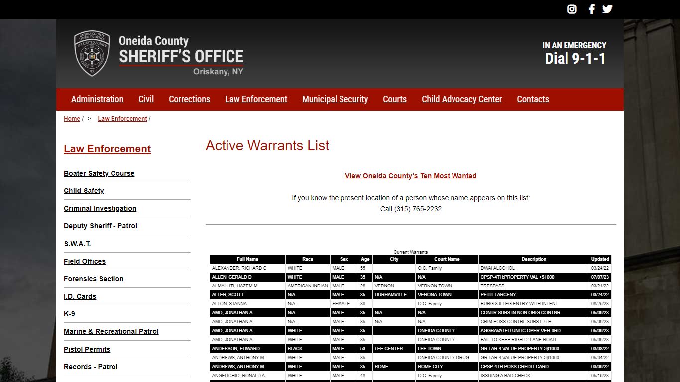 Active Warrants List | Oneida County Sheriff